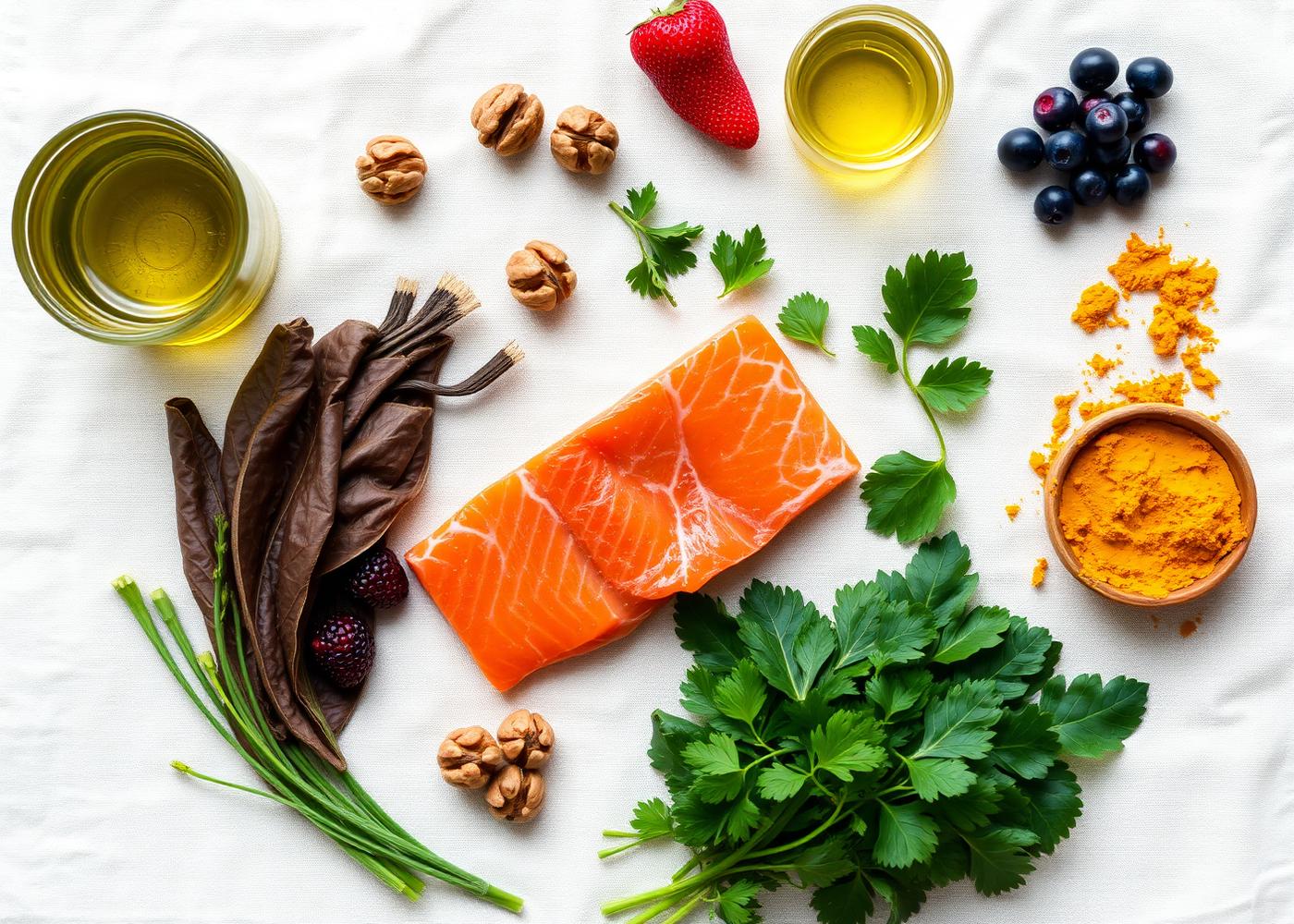 Alimentos anti-inflamatórios: salmão, nozes, azeite, vegetais e açafrão