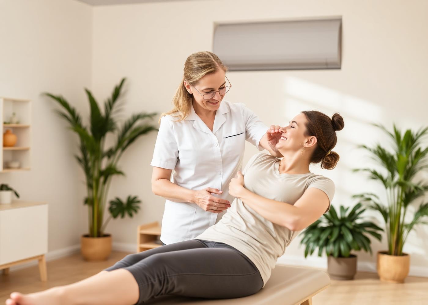 Fisioterapeuta a orientar uma paciente num exercício de reabilitação